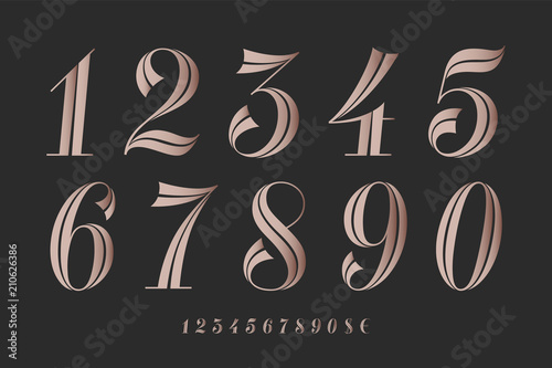 Numbers font. Classical elegant font of numbers with contemporary geometric design. Beautiful elegant retro stencil numeral, dollar and euro symbols. Vintage and retro typographic. Vector Illustration