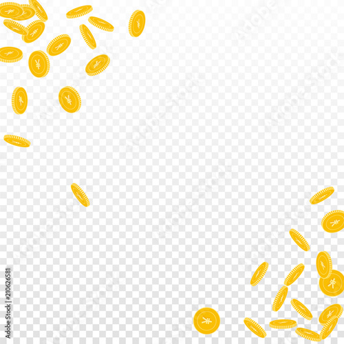 Chinese yuan coins falling. Scattered small CNY coins on transparent background. Glamorous scatter abstract corners vector illustration. Jackpot or success concept.
