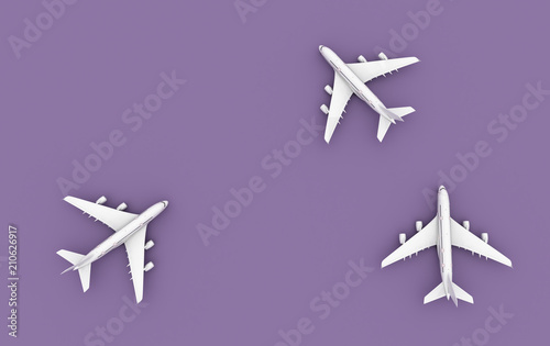 3D illustration concept of group of airplanes Airbus A380 isolated on violet pastel color background. Flat lay design. Top view