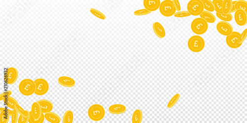 British pound coins falling. Scattered bi GBP coins on transparent background. Fantastic wide corners vector illustration. Jackpot or success concept.