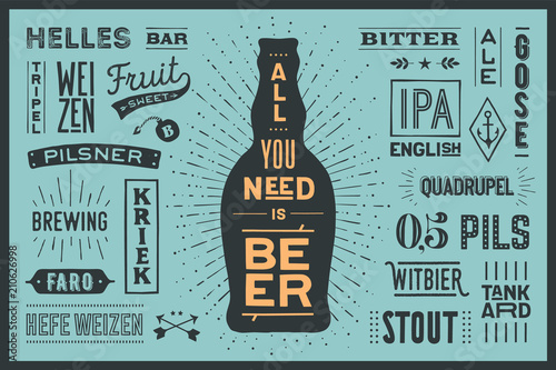 Beer. Poster or banner with text All You Need Is Beer and names types of beer. Colorful graphic design for print, web or advertising. Poster for bar, pub, restaurant, beer theme. Vector Illustration