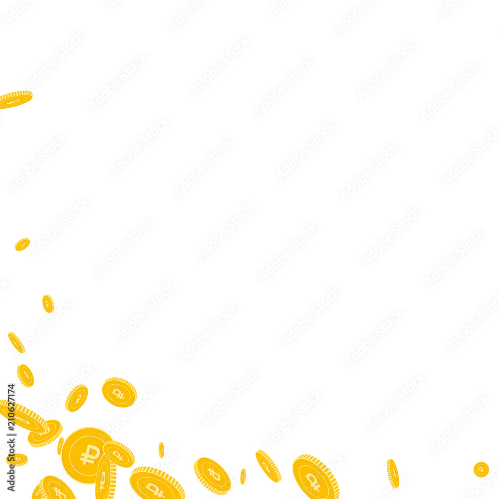 Russian ruble coins falling. Scattered disorderly RUB coins on white background. Unusual abstract left bottom corner vector illustration. Jackpot or success concept. Russian ruble coins falling. Scattered disorderly RUB coins on white background. Unusual abstract left bottom corner vector illustration. Jackpot or success concept.