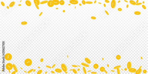 American dollar coins falling. Scattered disorderly USD coins on transparent background. Fantastic scattered border vector illustration. Jackpot or success concept.