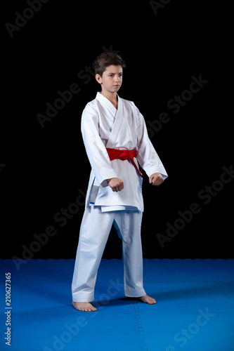 Young boy dressed in a white karate kimono with red belt.