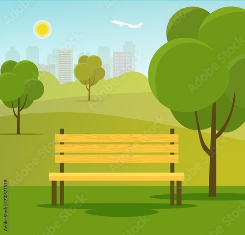 Landscape in city park. Park bench and trees . Vector flat style Illustration