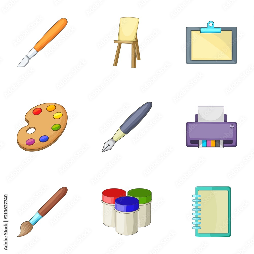 Drawing and writing tools icons set. Cartoon set of 9 drawing and writing tools vector icons for web isolated on white background Drawing and writing tools icons set. Cartoon set of 9 drawing and writing tools vector icons for web isolated on white background