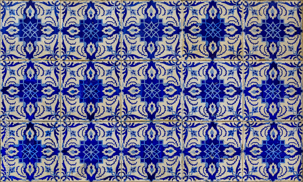 Detail of old traditional ornate portuguese decorative azulejo tiles