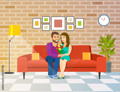 Smiling romantic Couple at home sitting on sofa. Vector flat illustration