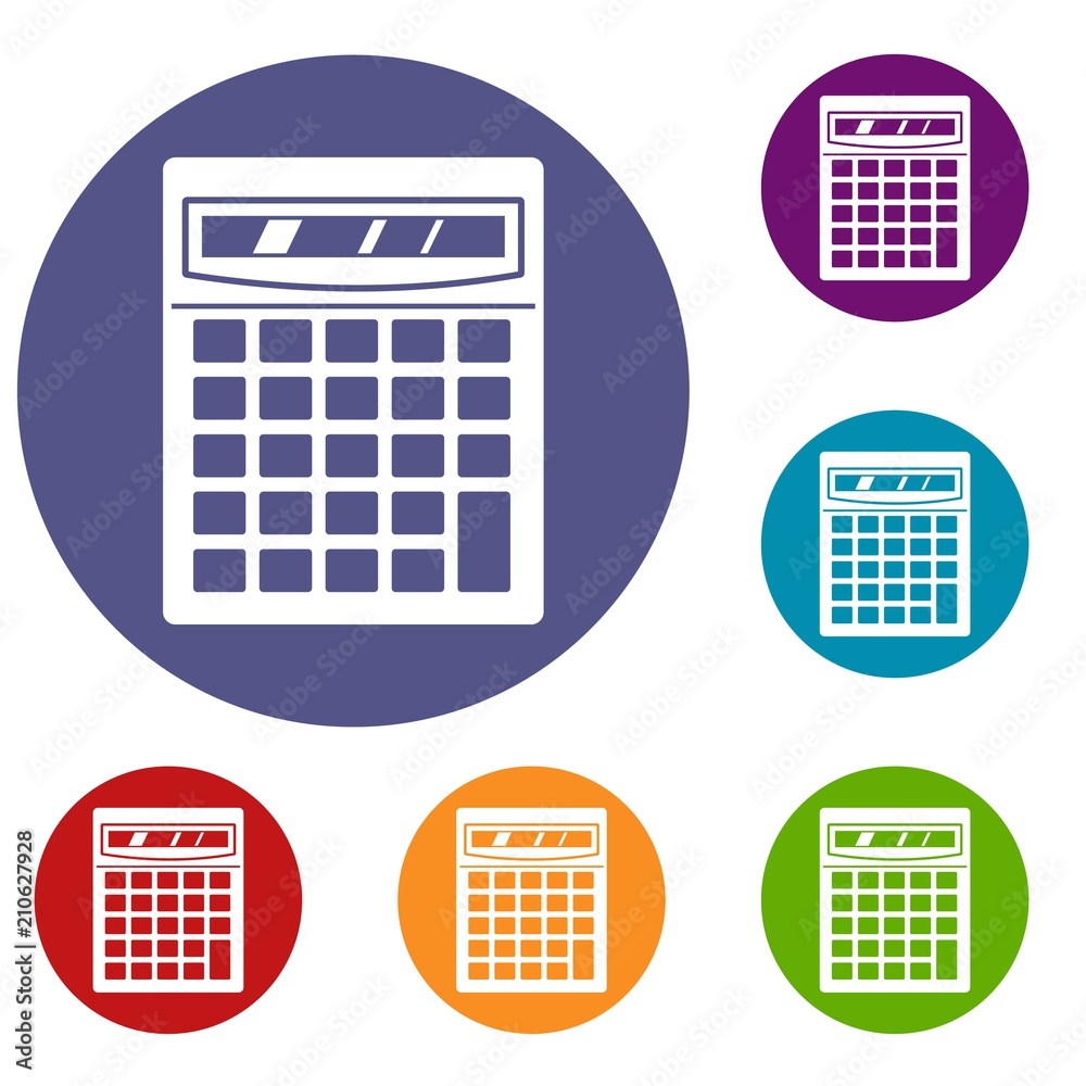 Electronic calculator icons set in flat circle red, blue and green color for web Electronic calculator icons set in flat circle red, blue and green color for web