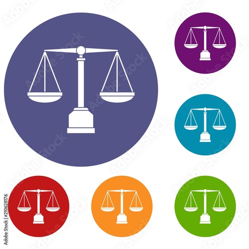 Justice scale icons set in flat circle red, blue and green color for web