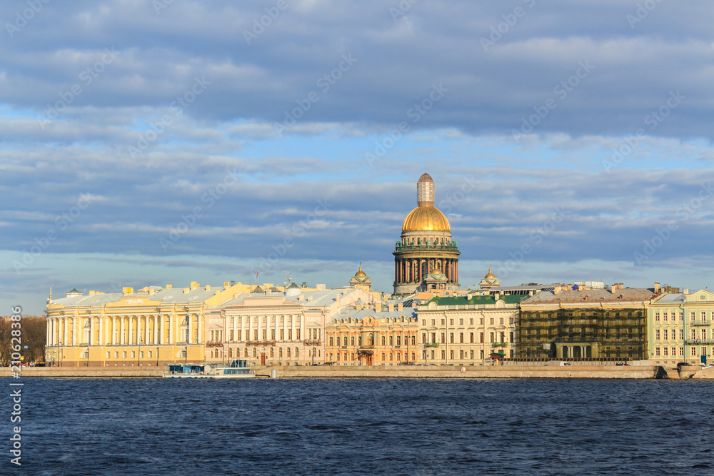 Beatiful view Neva river with Isaakievsky Cathedral in Saint Petersburg.