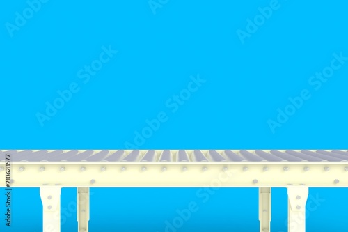 Empty white conveyor line isolated on a blue background, Delivery concept, For product display, 3d rendering