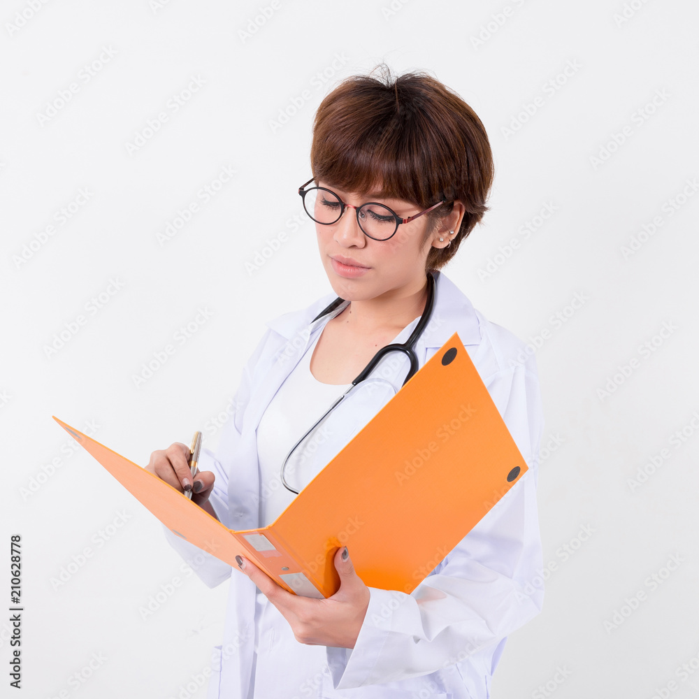 Doctor with clipboard to write it on your personal message or advice. Isolated on white background. Studio lighting. Concept for healthy Doctor with clipboard to write it on your personal message or advice. Isolated on white background. Studio lighting. Concept for healthy