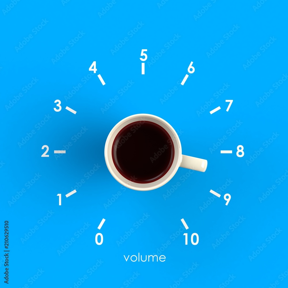 Fototapeta Widok z góry na filiżankę kawy w formie regulacji głośności na białym tle na niebieskim tle, ilustracja koncepcja kawy, renderowanie 3d