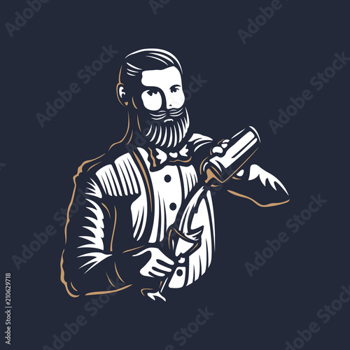 Bearded barmen, barkeeper or bartender in work silhouette with shaker logo design on black background - Hand drawn man with beard and mustache vector illustration. Gold and white vintage emblem design