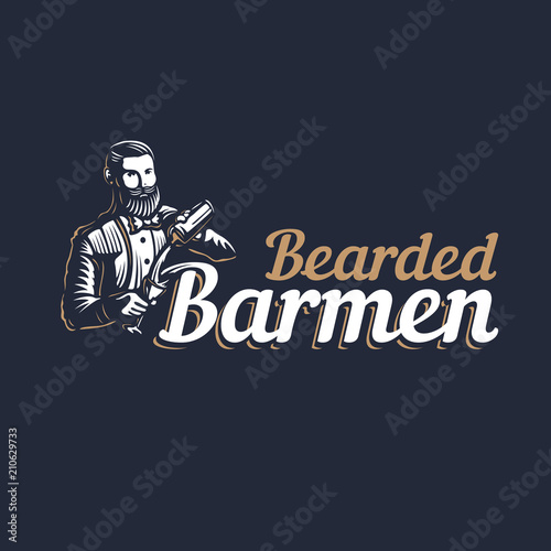 Bearded barmen, barkeeper or bartender in work silhouette with shaker logo design on black background - Hand drawn man with beard and mustache vector illustration. Gold and white vintage emblem design