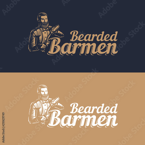Bearded barmen, barkeeper or bartender in work silhouette with shaker logo design on black background - Hand drawn man with beard and mustache vector illustration. Gold and white vintage emblem design