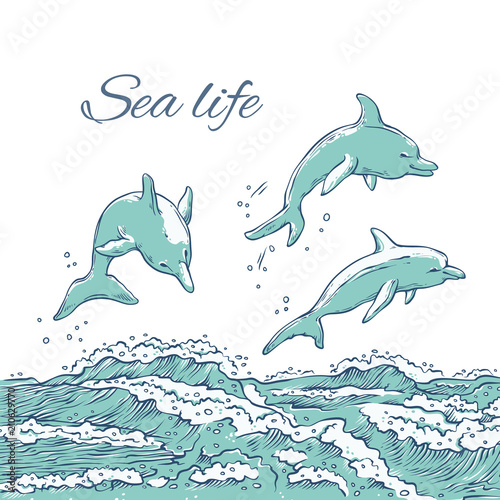 Vector set dolphins jumping dive on waves sea ocean. Monochrome sketch sea animals isolated on white background for dolphinarium or oceanarium tourist cards or banners design.