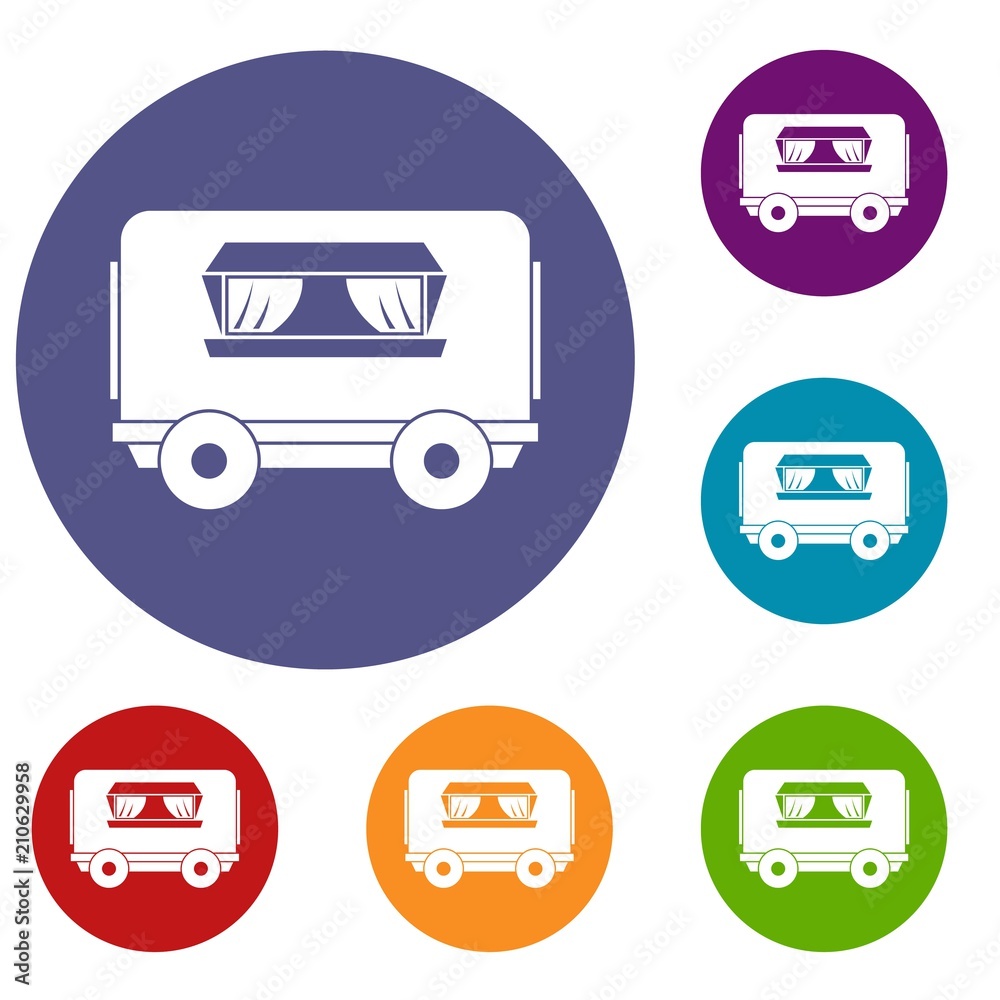 Food trailer icons set in flat circle red, blue and green color for web Food trailer icons set in flat circle red, blue and green color for web