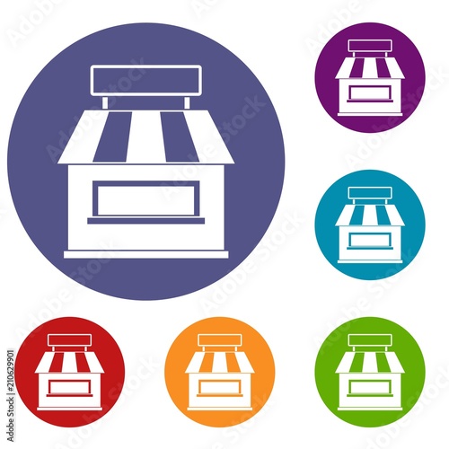 Shop building facade icons set in flat circle red, blue and green color for web