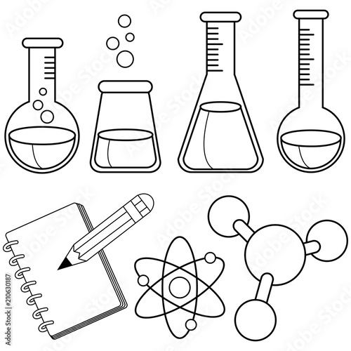 Science and chemistry set. Vector black and white coloring page.