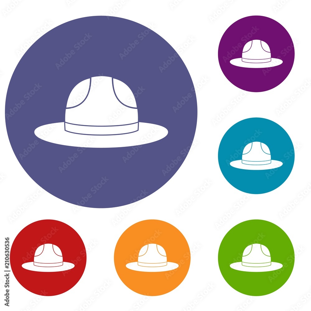 Canadian hat icons set in flat circle red, blue and green color for web