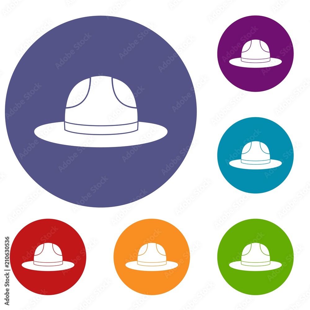Canadian hat icons set in flat circle red, blue and green color for web Canadian hat icons set in flat circle red, blue and green color for web