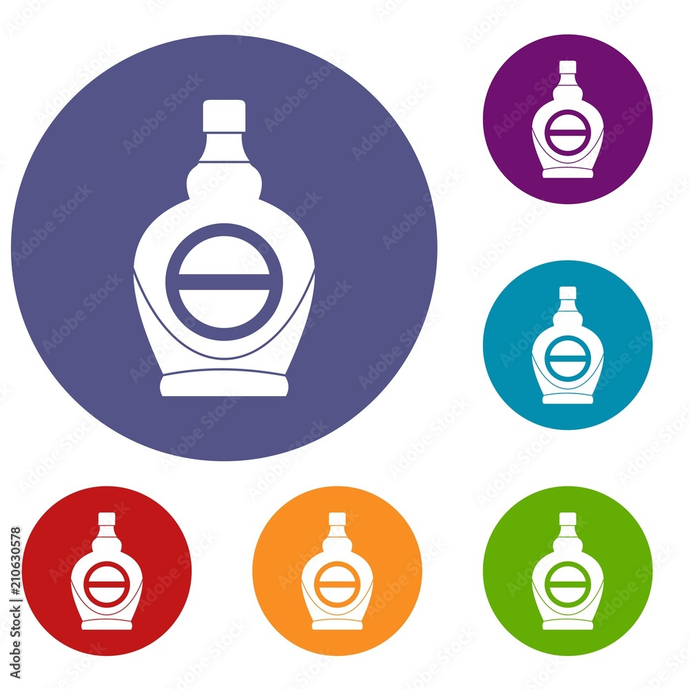 Maple syrup in glass bottle icons set in flat circle red, blue and green color for web Maple syrup in glass bottle icons set in flat circle red, blue and green color for web