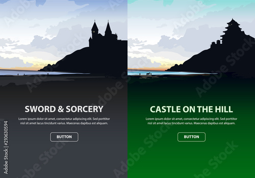 Scenic set of castles in silhouette. Vector illustration.