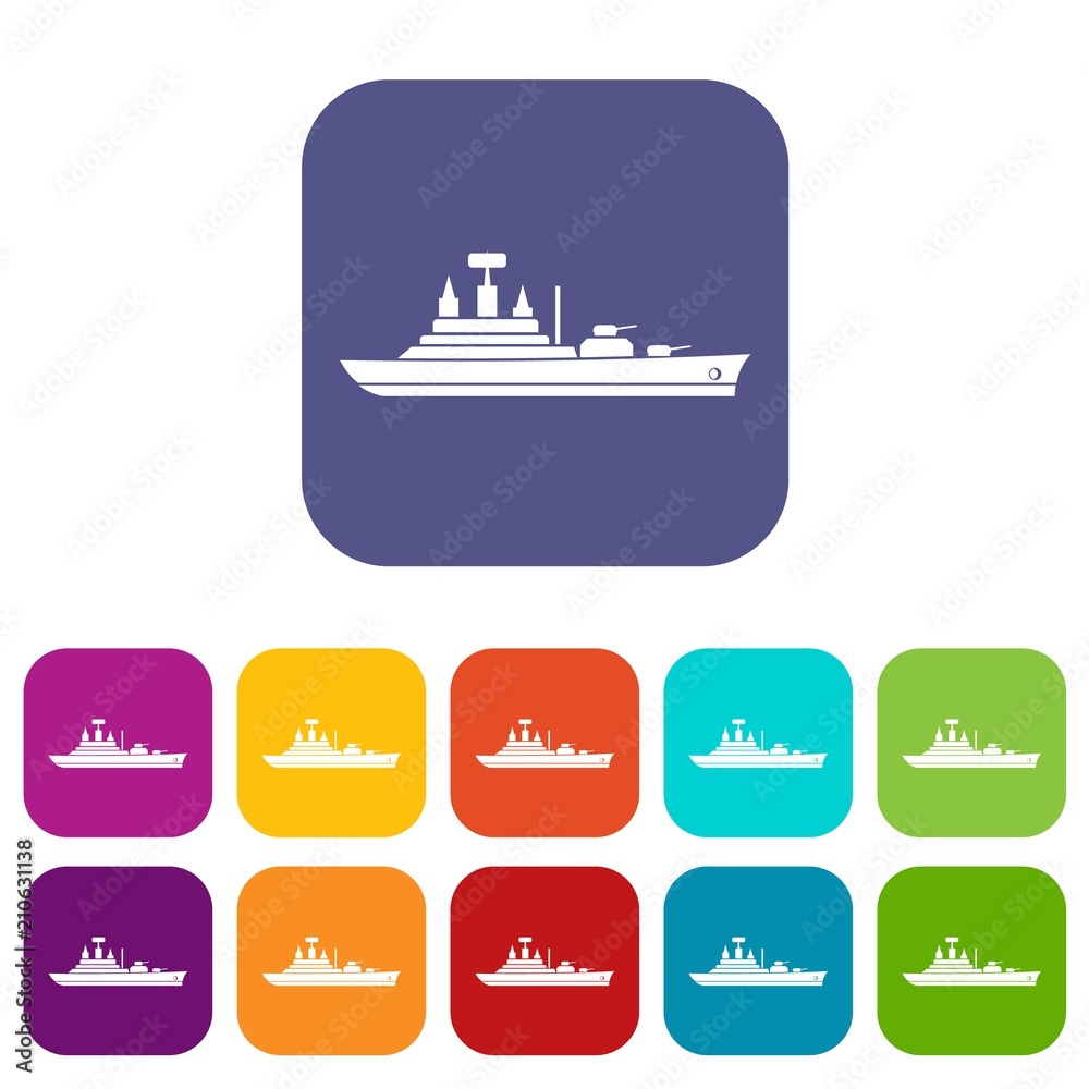 Warship icons set vector illustration in flat style in colors red, blue, green, and other