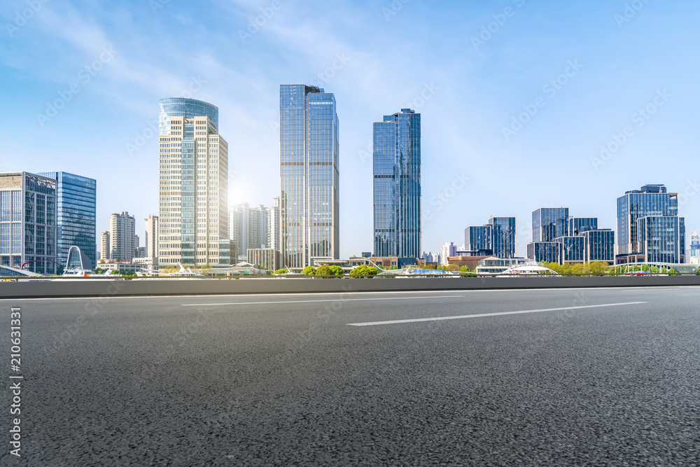 Air highway asphalt road and office building of commercial building in modern city