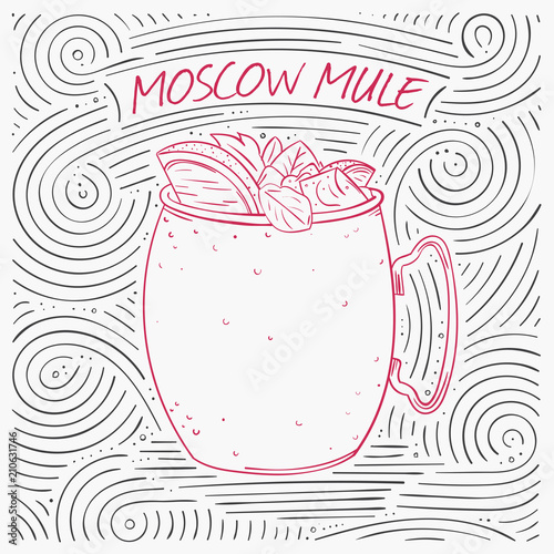 Summer Card With The Lettering - Moscow Mule. Handwritten Swirl Pattern With Cocktail In Glass.