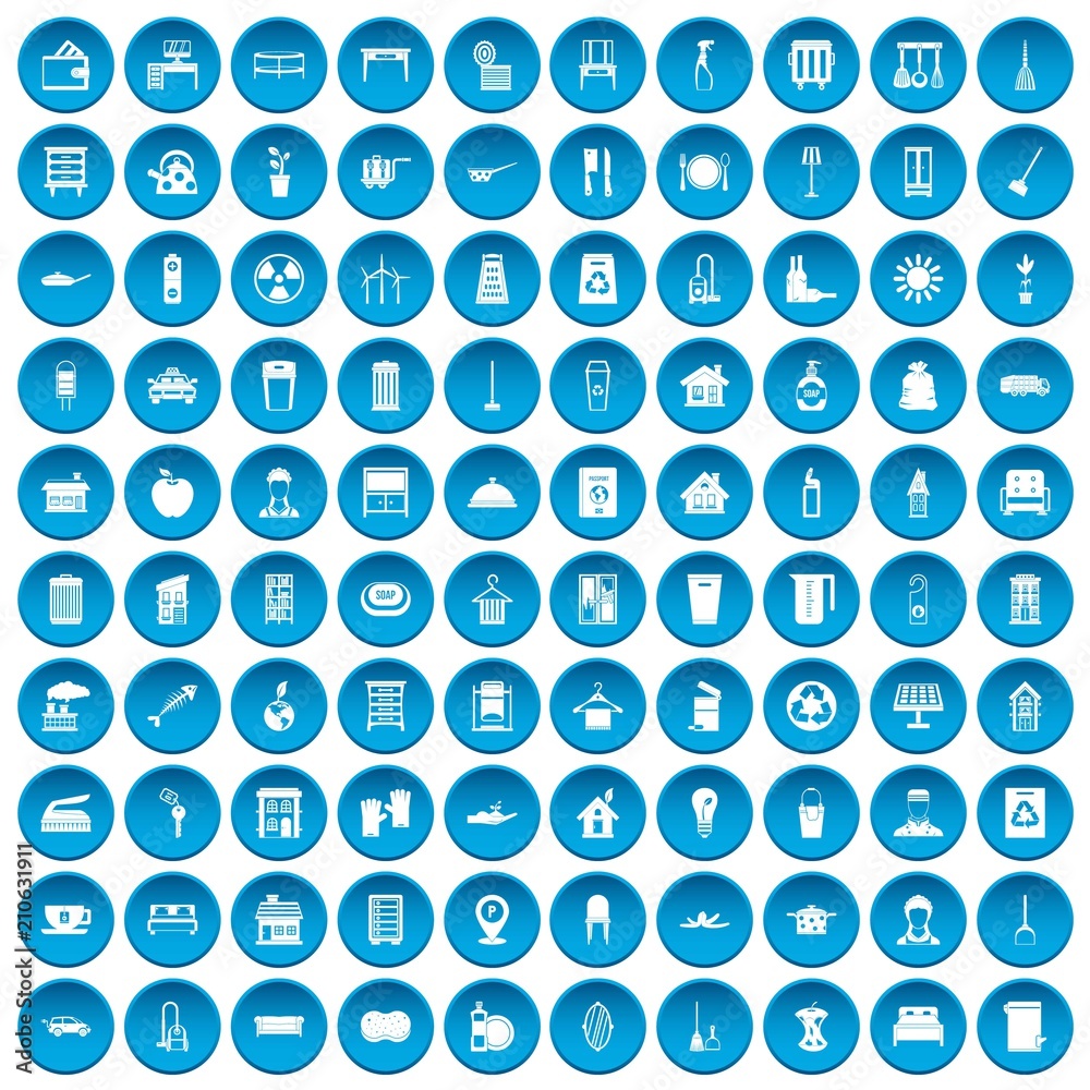 100 cleaning icons set in blue circle isolated on white vector illustration 100 cleaning icons set in blue circle isolated on white vector illustration