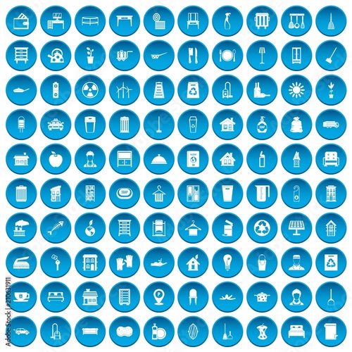 100 cleaning icons set in blue circle isolated on white vector illustration