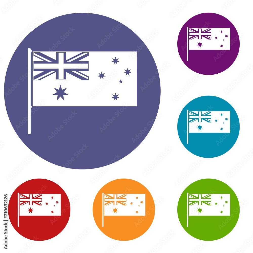 Australian flag icons set in flat circle red, blue and green color for web Australian flag icons set in flat circle red, blue and green color for web