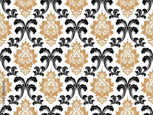 Wallpaper in the style of Baroque. Seamless vector background. Gold and black floral ornament. Graphic pattern for fabric, wallpaper, packaging. Ornate Damask flower ornament