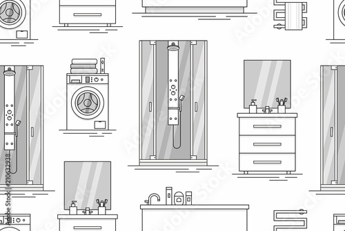 Seamless pattern with Elements for bathroom interior. monochrome style. isolated on white background 