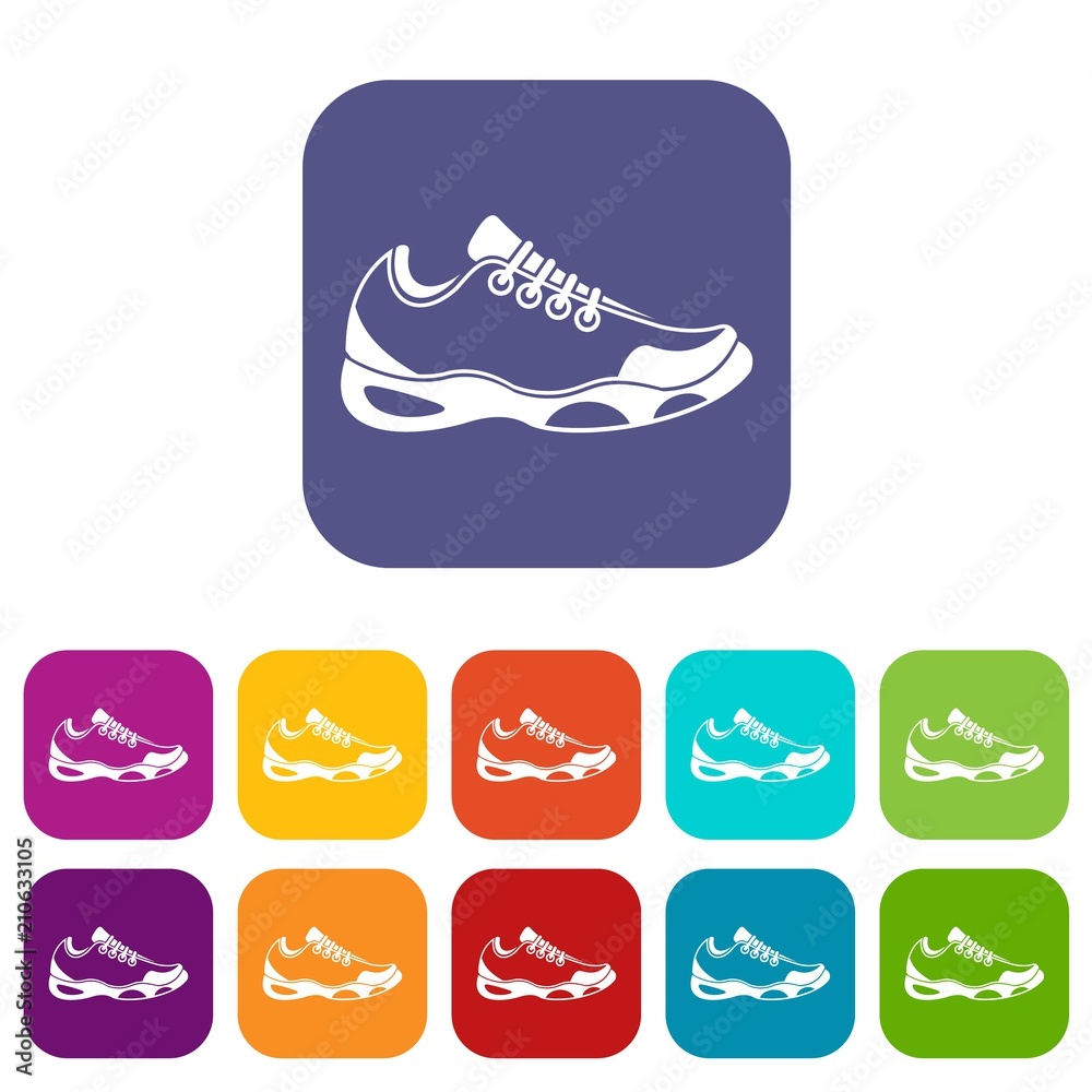 Sneakers for tennis icons set vector illustration in flat style in colors red, blue, green, and other Sneakers for tennis icons set vector illustration in flat style in colors red, blue, green, and other