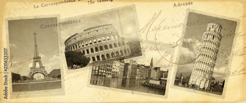 Canvas Print Vintage travel background with retro photos of european landmarks