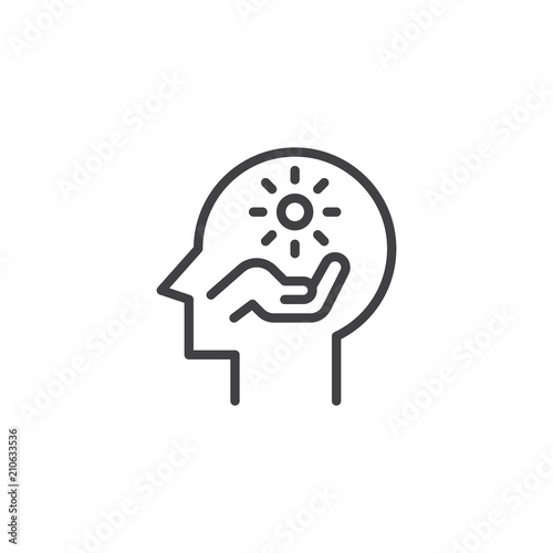 Head with hand hold sun outline icon. linear style sign for mobile concept and web design. Brain inspiration simple line vector icon. Symbol, logo illustration. Pixel perfect vector graphics