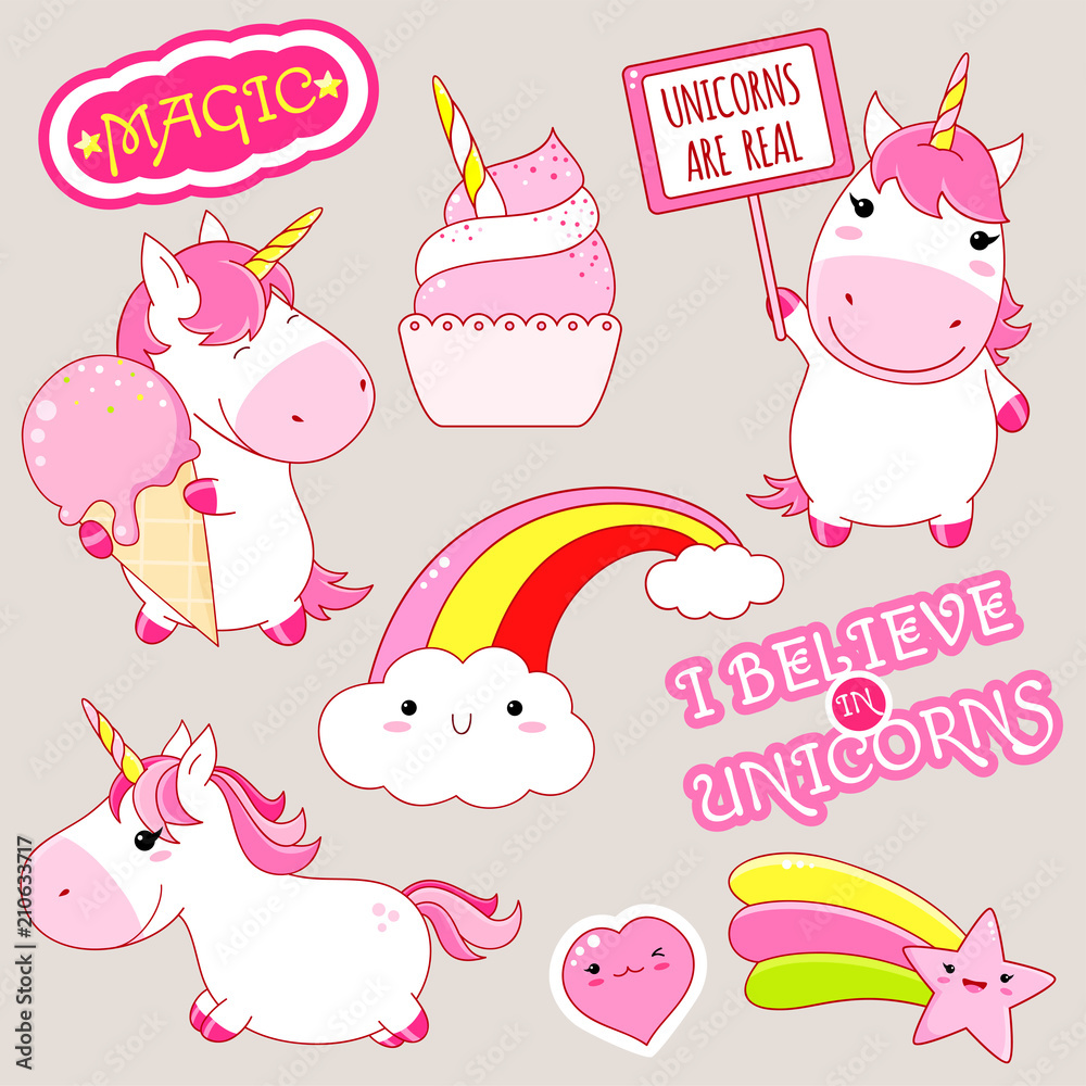 Set of cute unicorns stickers in kawaii style Stock Vector | Adobe Stock
