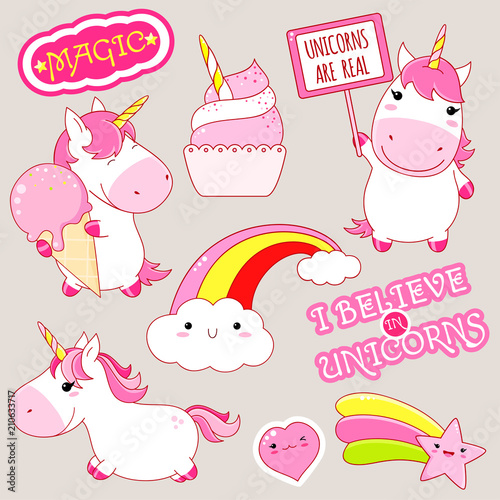 Set of cute unicorns stickers in kawaii style