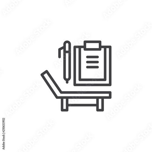 Deck chair, paper clipboard and pen line icon. linear style sign for mobile concept and web design. Psychology simple line vector icon. Symbol, logo illustration. Pixel perfect vector graphics