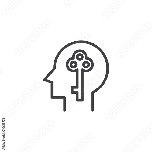 Key in human head outline icon. linear style sign for mobile concept and web design. Open mind simple line vector icon. Unlock symbol, logo illustration. Pixel perfect vector graphics