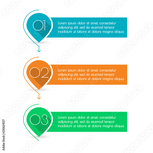 3 steps, levels or option with arrows. Pointers or map markers with numbers and space for text. Colorful number bullet points set. Menu interface for web design. Infographics template for business.