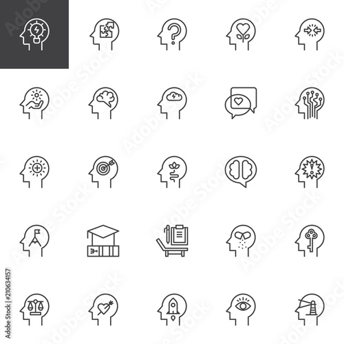 Psychology outline icons set. linear style symbols collection, line signs pack. vector graphics. Set includes icons as Creativity, Solution, Confusion, Emotions, Human Head, Mind, Brain Neurology