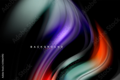 Fluid liquid colors design, colorful marble or plastic wavy texture background, glowing multicolored elements on black, for business or technology presentation or web brochure cover design, wallpaper