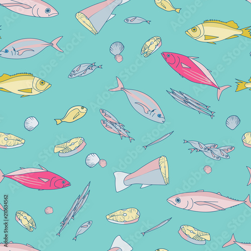 Seamless vector pattern with animals under water. Colored fish on pastel background. Vintage engraving art. Vector seamless pattern on the sea theme. different fish. Kitchen design with seafood for pa