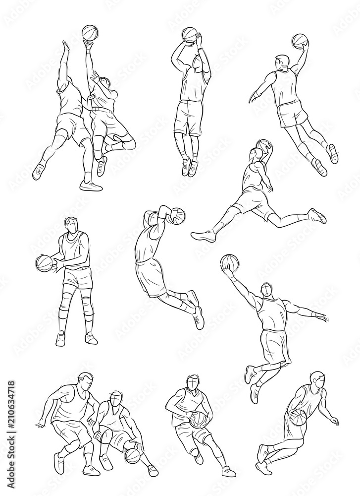 Vector set of Basketball players, sketch and drawing