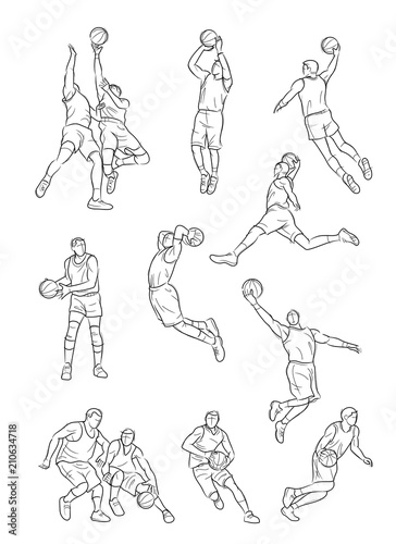Vector set of Basketball players, sketch and drawing
